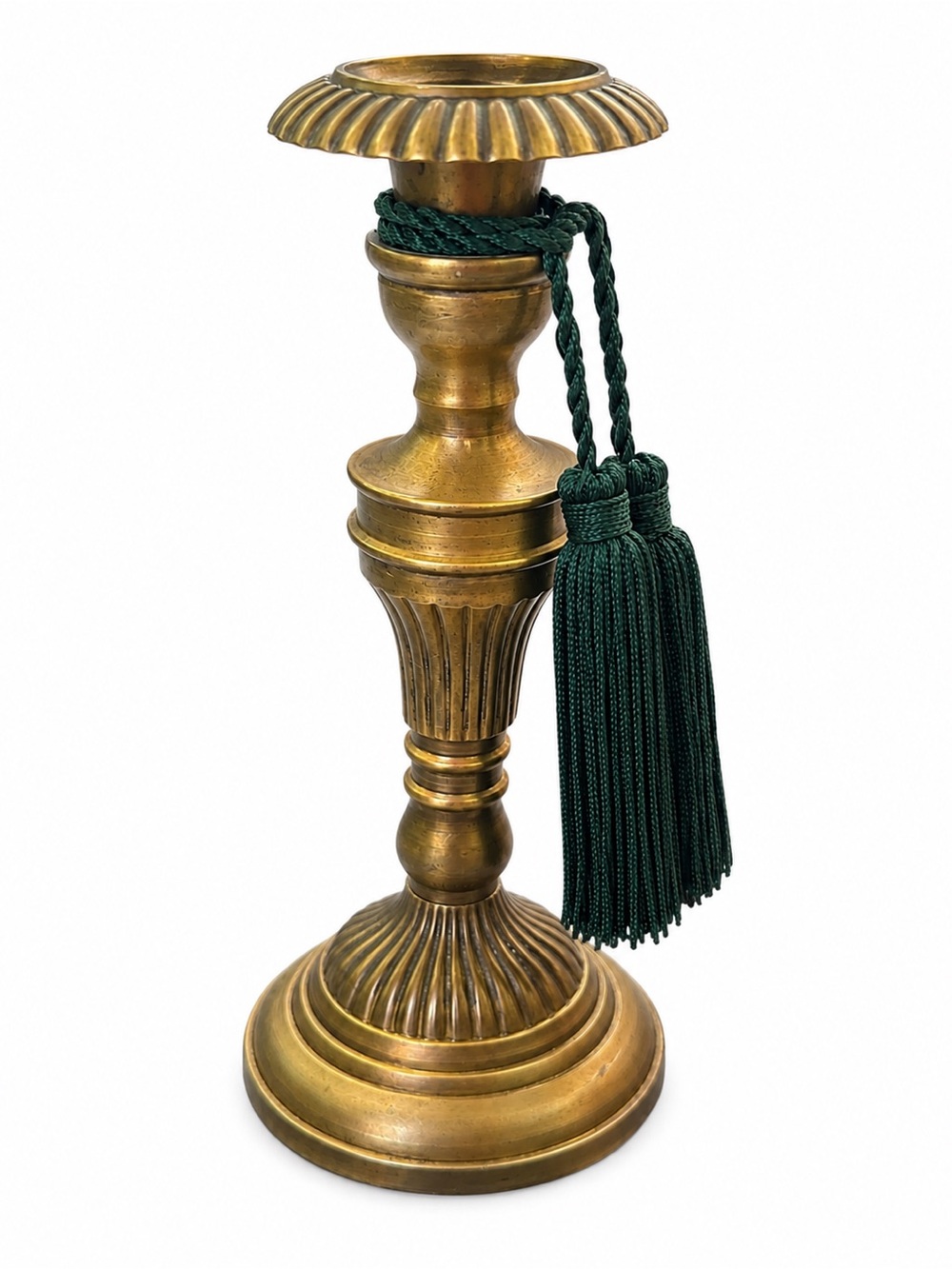 Vintage Brass Candlestick Holder with Green Tassels 8.5 inches Tall